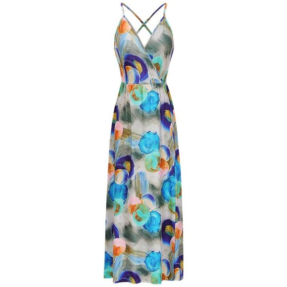 Deep V Neck Maxi Dress Size Large Flowy Tropical Print Summer Dress with Slit - Picture 3 of 11